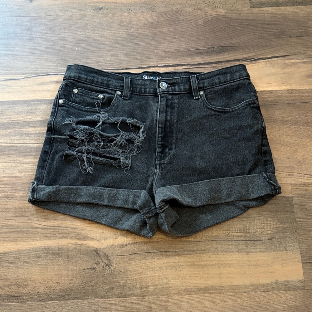 Womens Stylish Black Distressed Denim Shorts Size 14P
